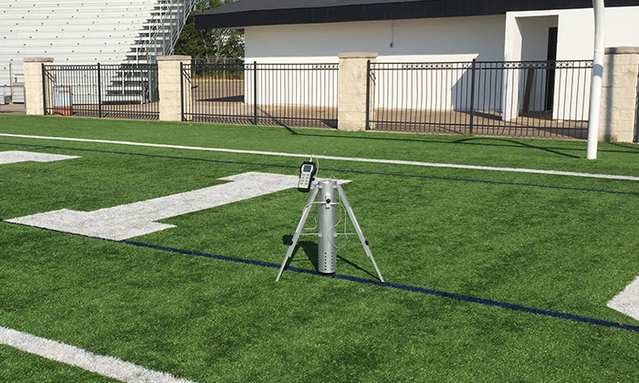 Gmax Test, or shock absorbency test, at Mansfield ISD’s RL Anderson Stadium.